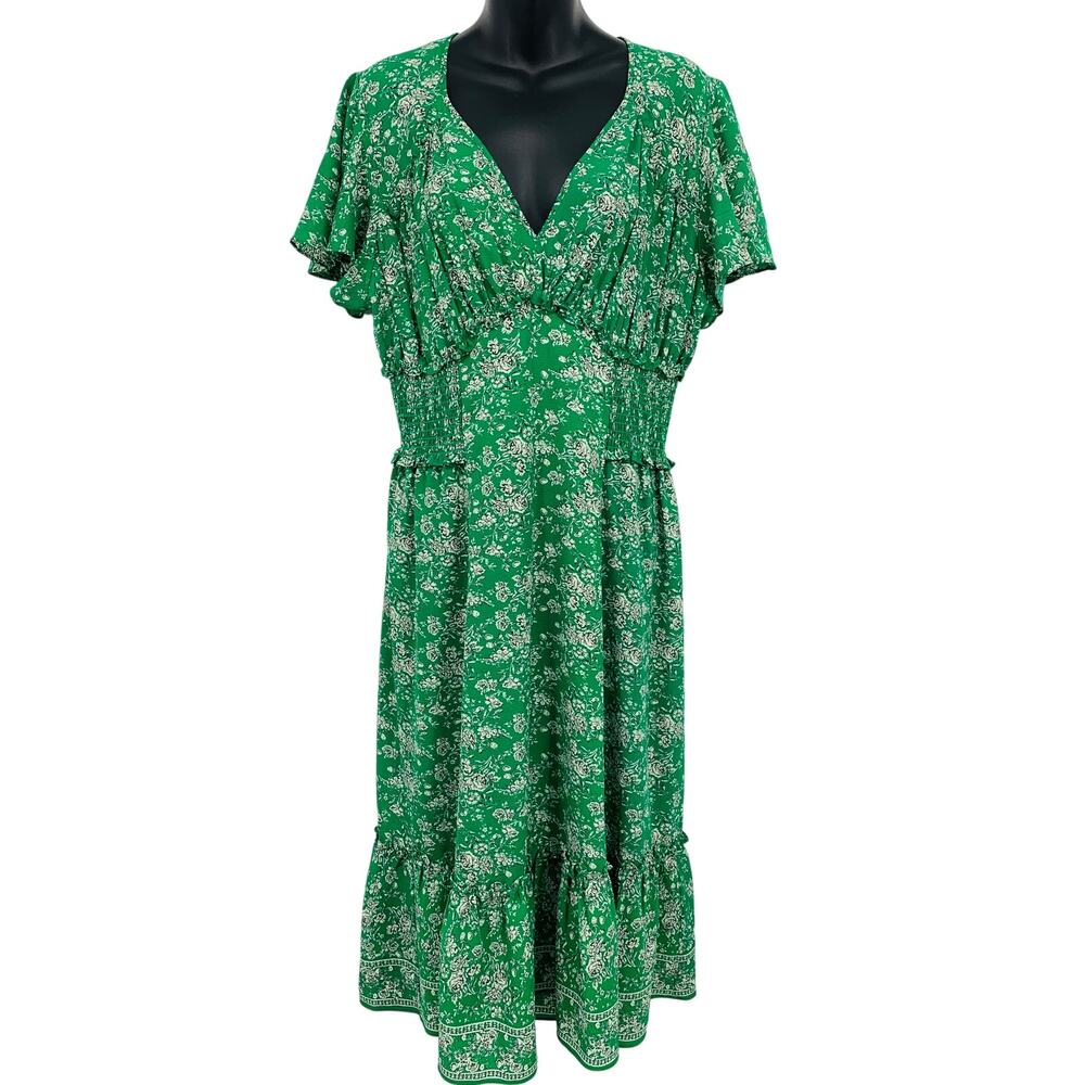 Max Studio Women Dress Size XL Extra Large Green Floral Midi Shift Fit Flare New